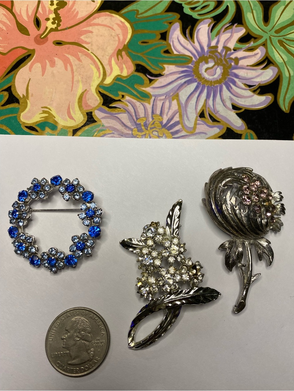 Vintage Floral Brooches - Blue, Clear & Pink Accents